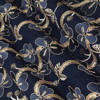 Navy Blue Floral  Denim Fabric