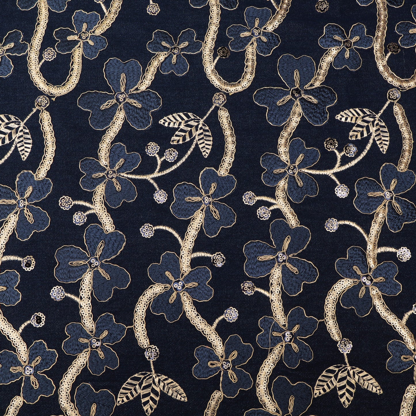 Navy Blue Floral  Denim Fabric