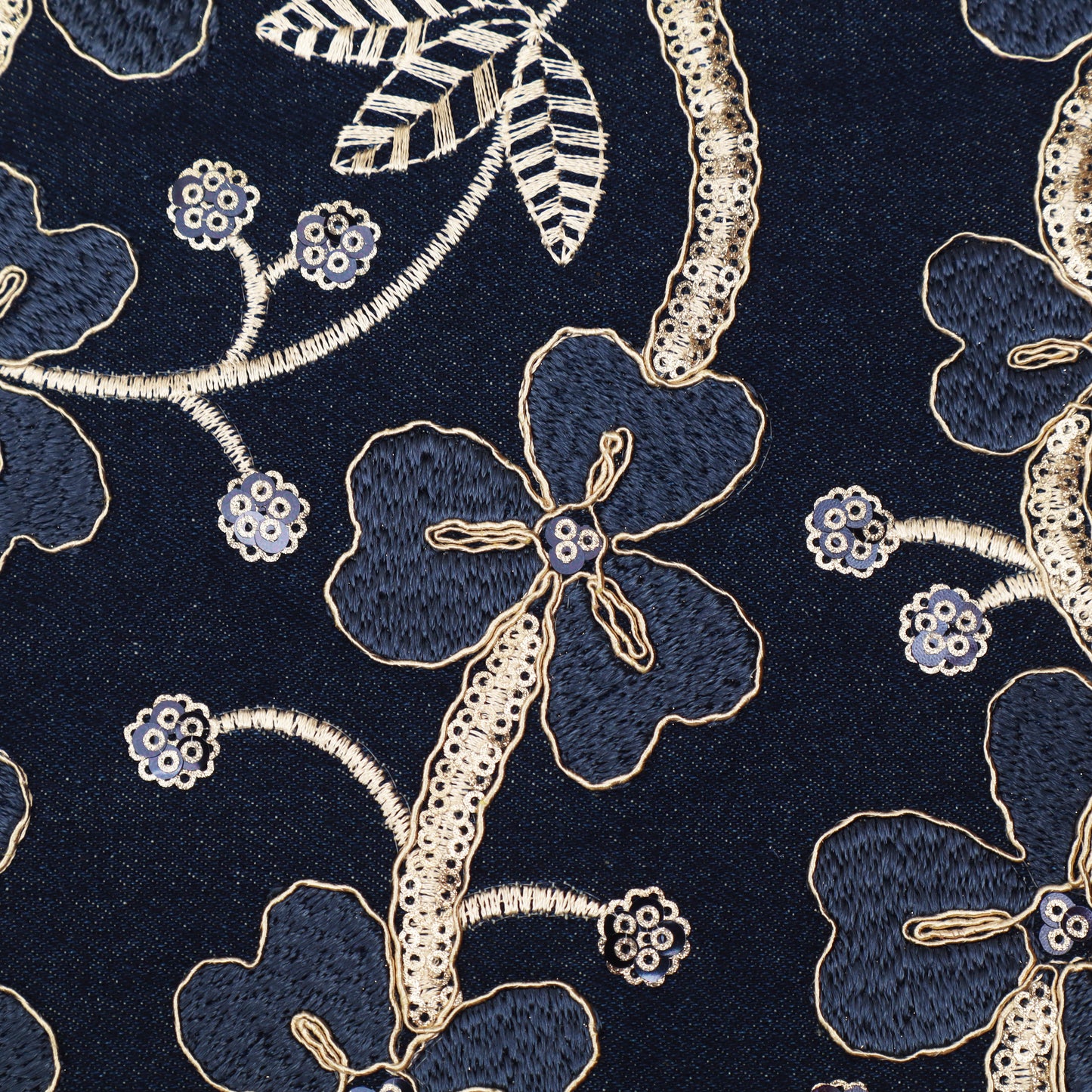 Navy Blue Floral  Denim Fabric