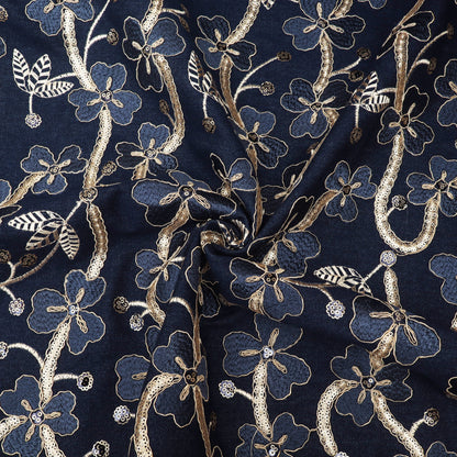 Navy Blue Floral  Denim Fabric