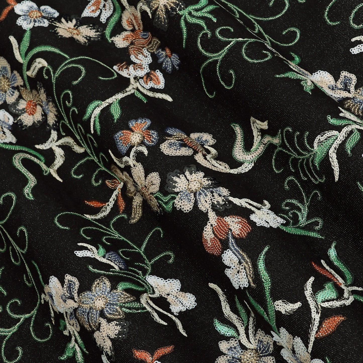 Floral Sequins Denim Embroidery Fabric