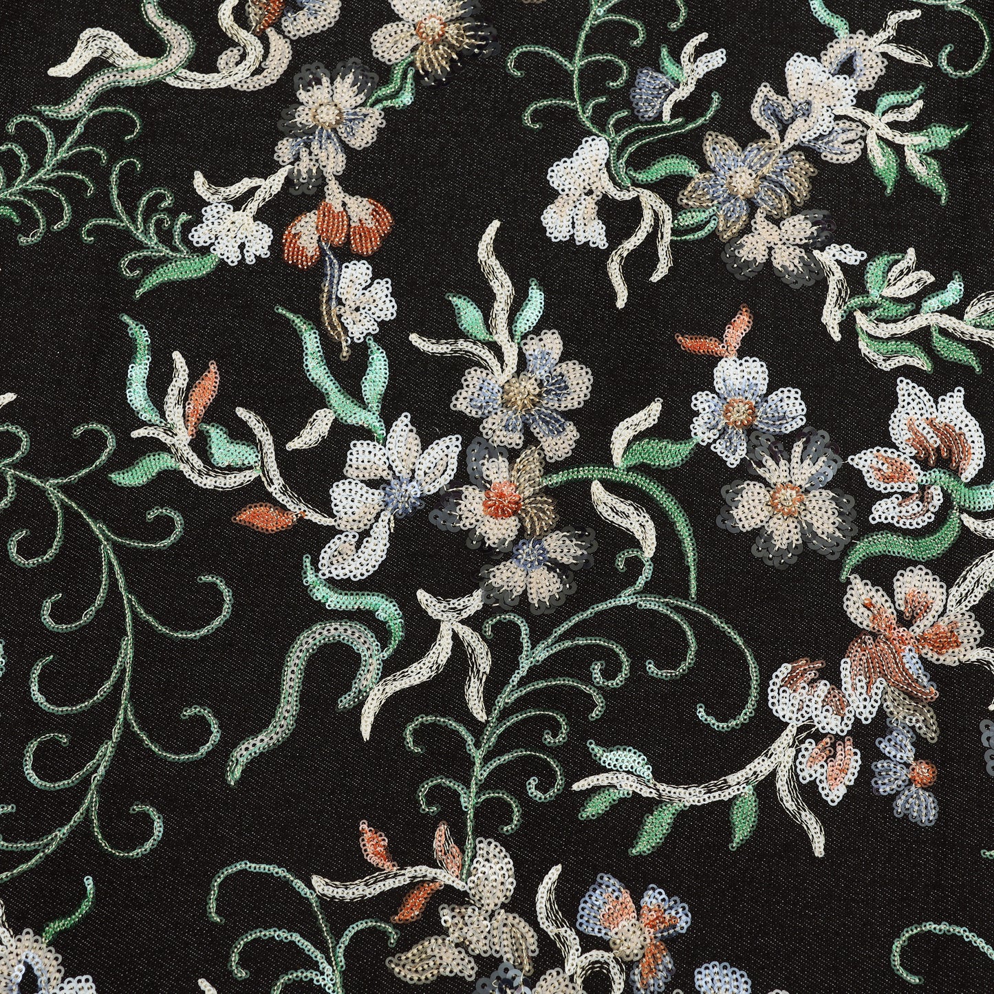 Floral Sequins Denim Embroidery Fabric