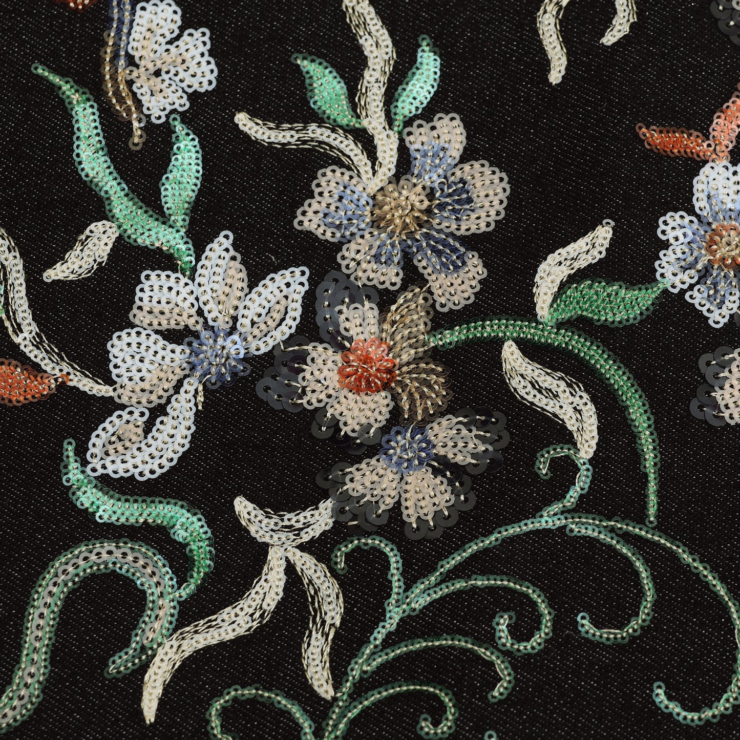 Floral Sequins Denim Embroidery Fabric