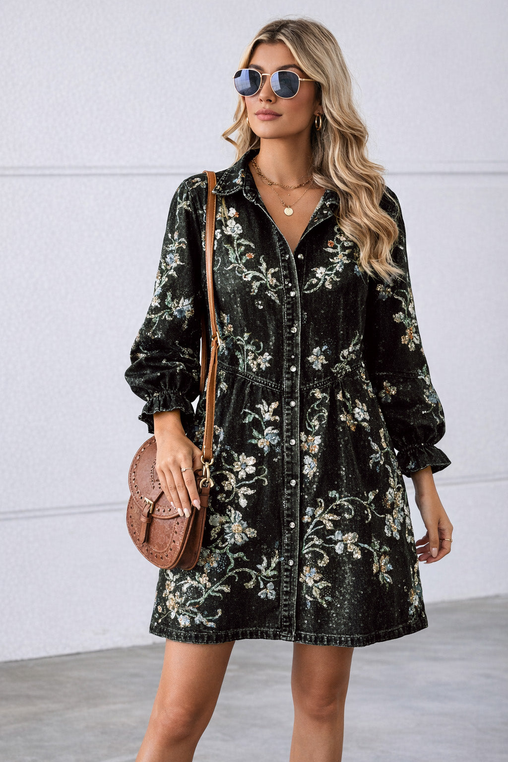 Floral Sequins Denim Embroidery Fabric