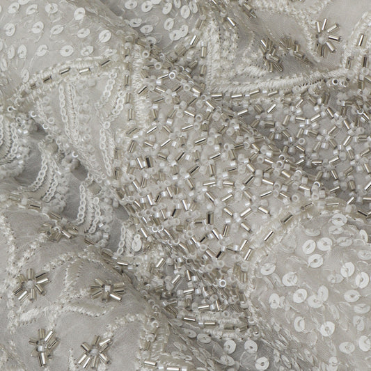 White Color Georgette Sequins Embroidery Fabric