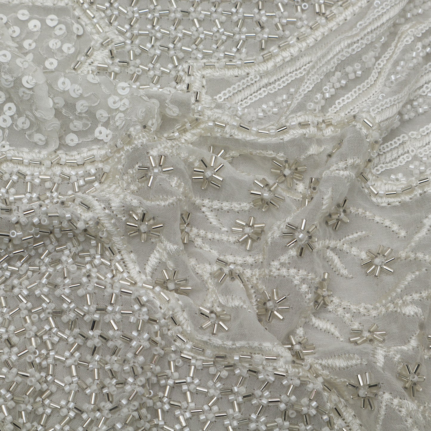 White Color Georgette Sequins Embroidery Fabric