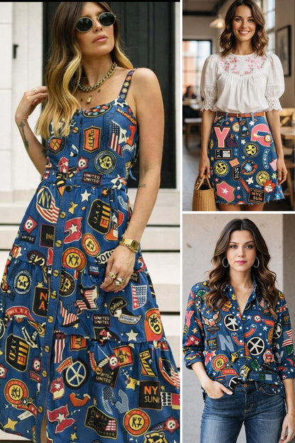 Denim Multicolour Print  Fabric