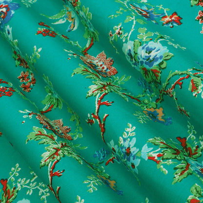 Teal Green Vintage Floral Printed Denim Fabric