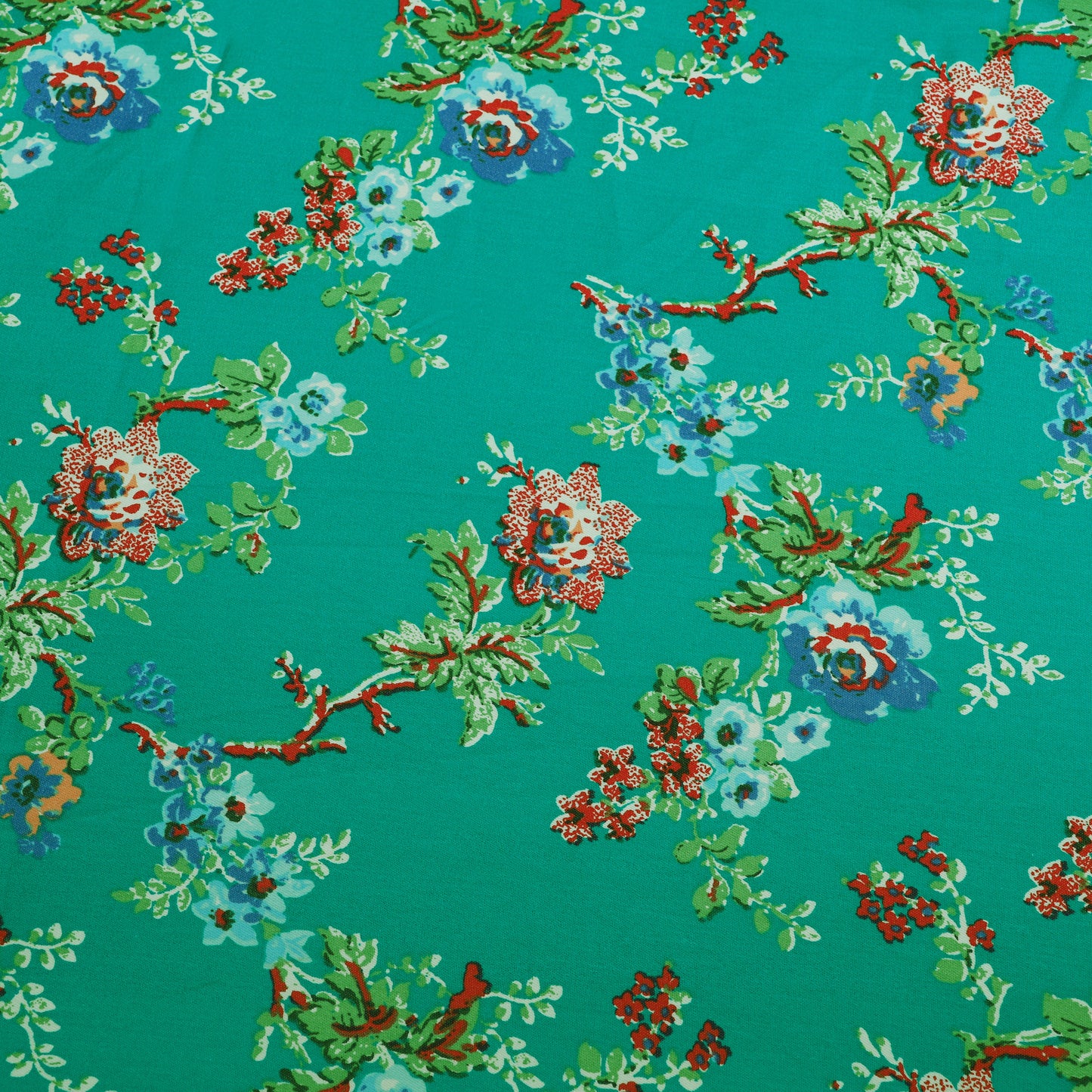 Teal Green Vintage Floral Printed Denim Fabric
