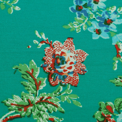 Teal Green Vintage Floral Printed Denim Fabric