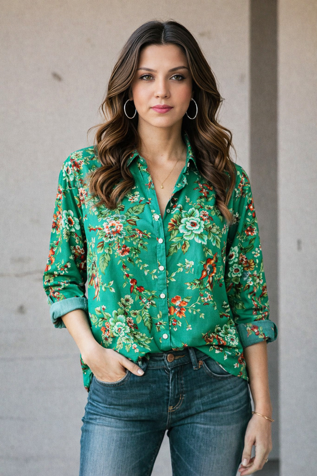 Teal Green Vintage Floral Printed Denim Fabric