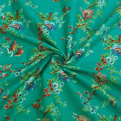 Teal Green Vintage Floral Printed Denim Fabric