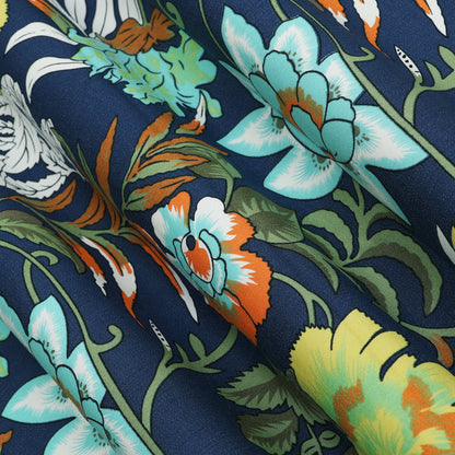 Navy Blue Floral Printed Denim Fabric