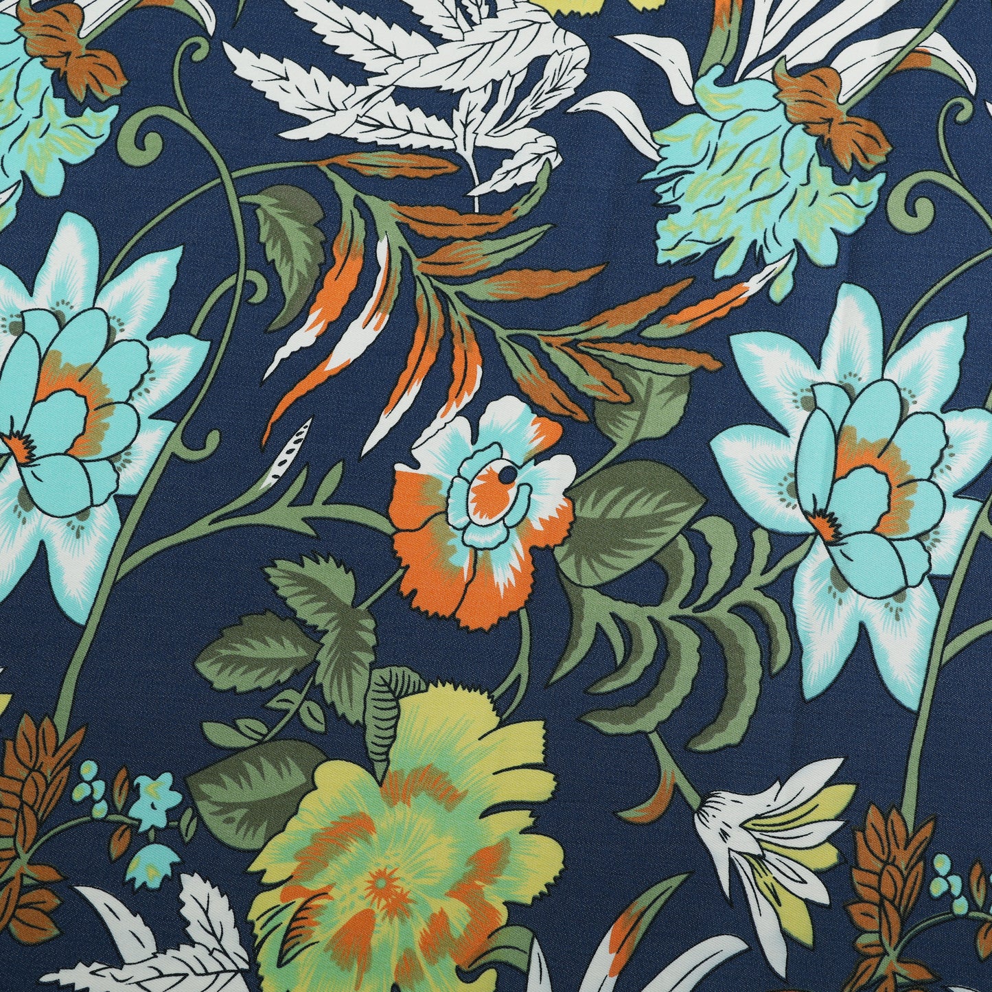 Navy Blue Floral Printed Denim Fabric