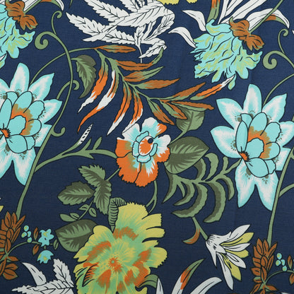Navy Blue Floral Printed Denim Fabric