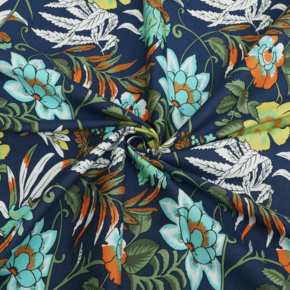 Navy Blue Floral Printed Denim Fabric
