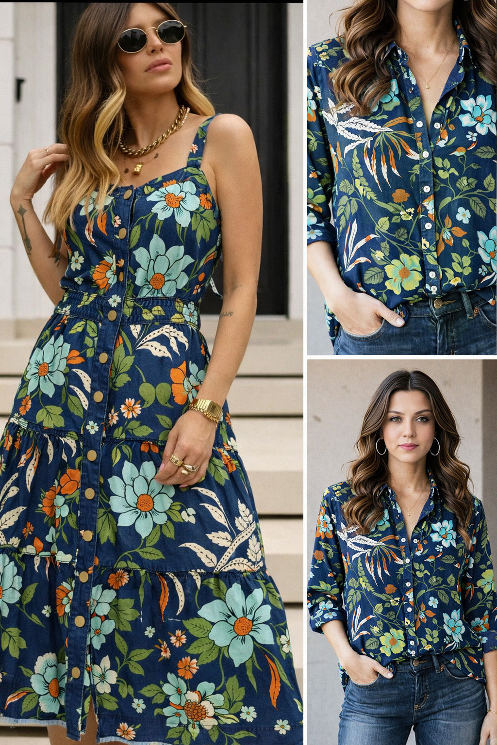 Navy Blue Floral Printed Denim Fabric