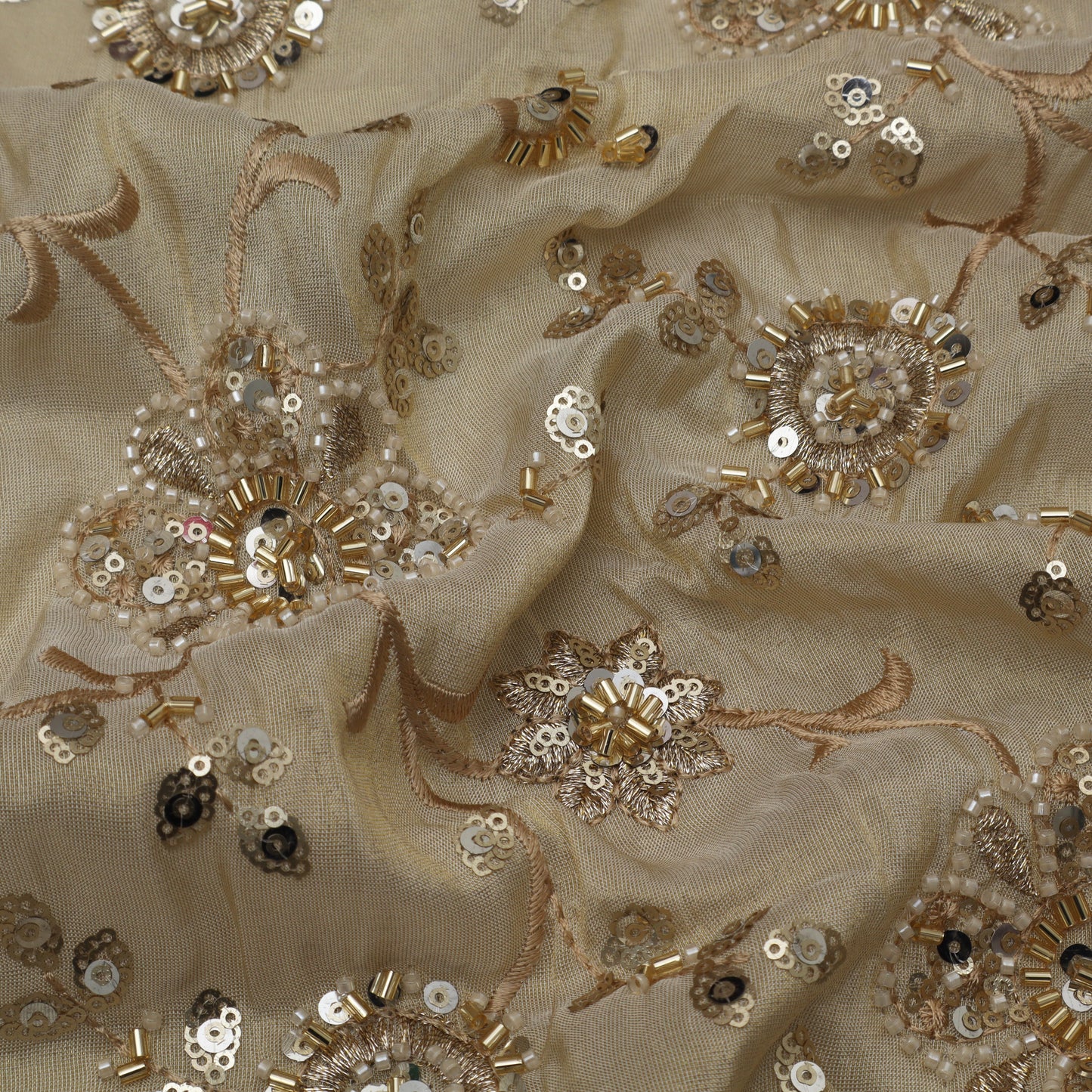Beige Color Tissue Embroidery Fabric
