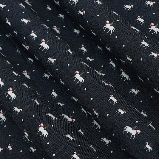 Navy Blue Animal Printed Denim Fabric