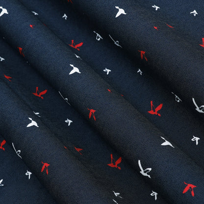 Navy Blue Bird Printed Denim Fabric