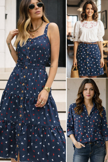 Navy Blue Bird Printed Denim Fabric