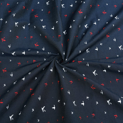 Navy Blue Bird Printed Denim Fabric