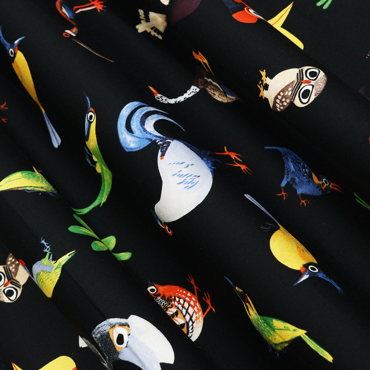 Black Multicolor Bird Printed Denim Fabric