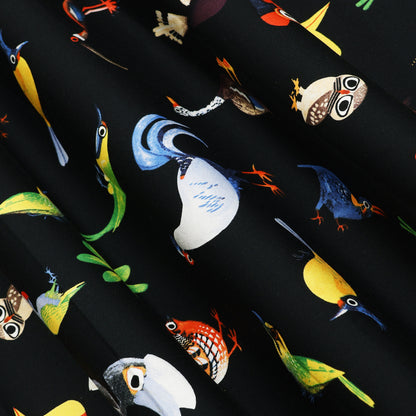 Black Multicolor Bird Printed Denim Fabric