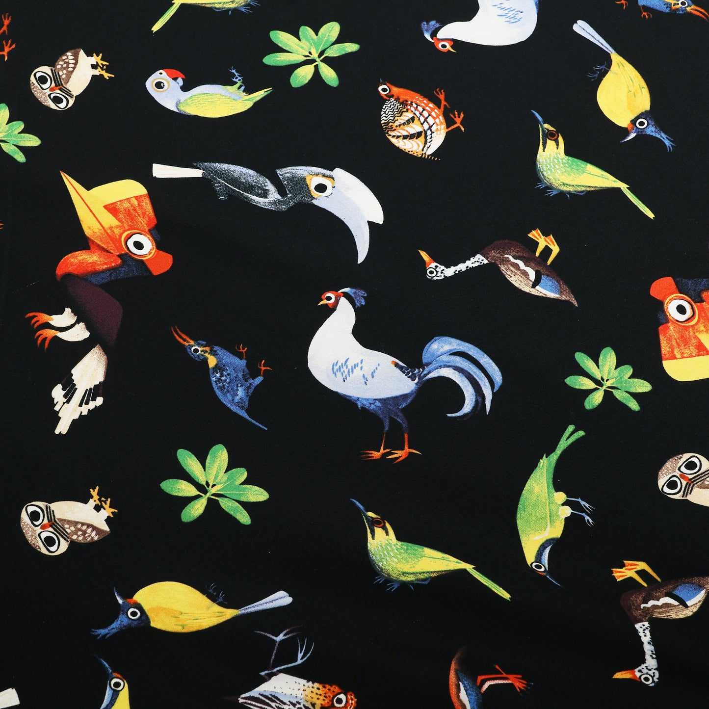 Black Multicolor Bird Printed Denim Fabric