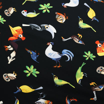 Black Multicolor Bird Printed Denim Fabric