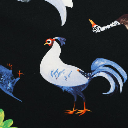 Black Multicolor Bird Printed Denim Fabric