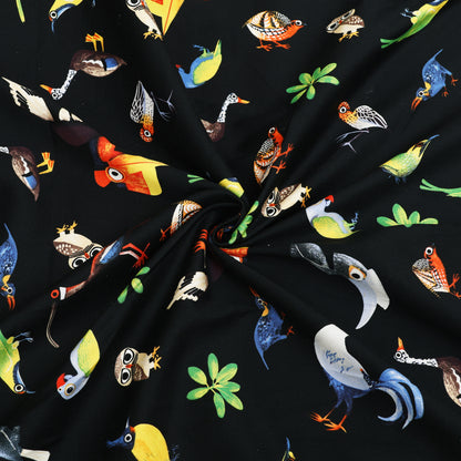 Black Multicolor Bird Printed Denim Fabric