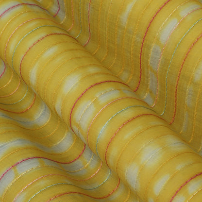 Yellow Color Chanderi Kantha Work Tie And Dye Fabric