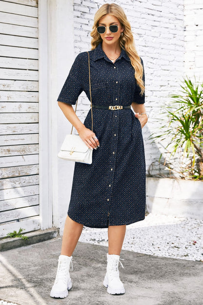 Navy Blue Geometric Printed Denim Fabric