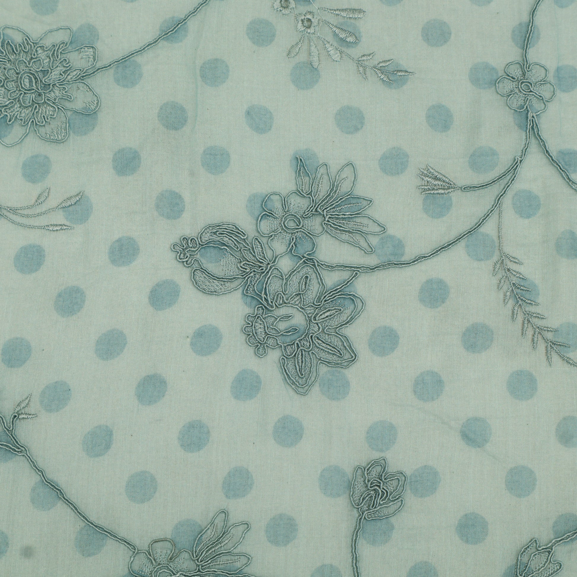 Fabric pattern with blue floral designs and polka dots on a light green background