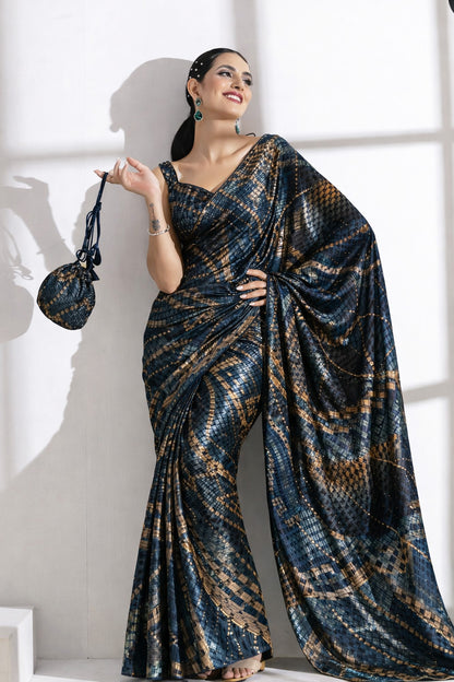 Blue, Gold And Maroon Color Brasso Velvet Fabric