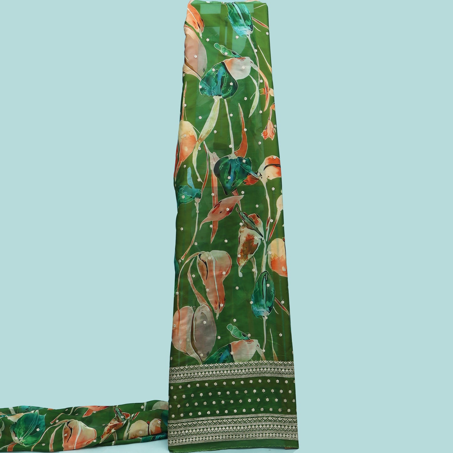 Green Color Organza Print Embroidery Fabric