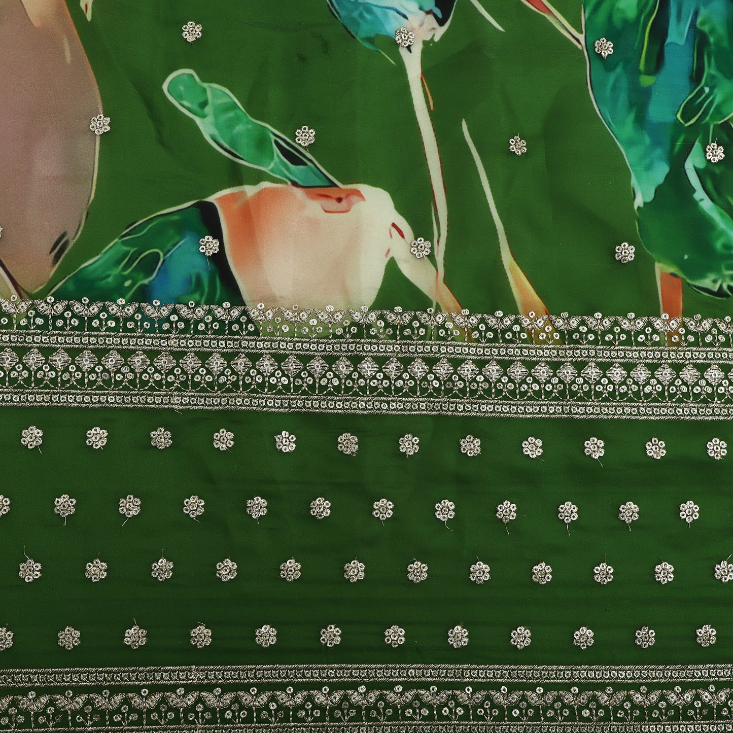 Green Color Organza Print Embroidery Fabric