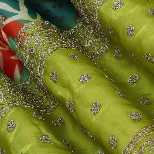 Mehandi Green Color Organza Print Embroidery Fabric