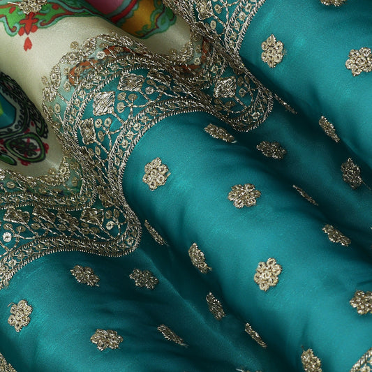 Rama Green Color Organza Print Embroidery Fabric