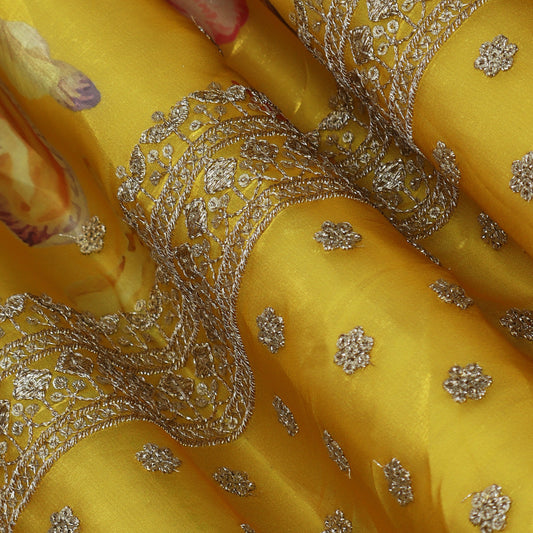 Yellow Color Organza Print Embroidery Fabric