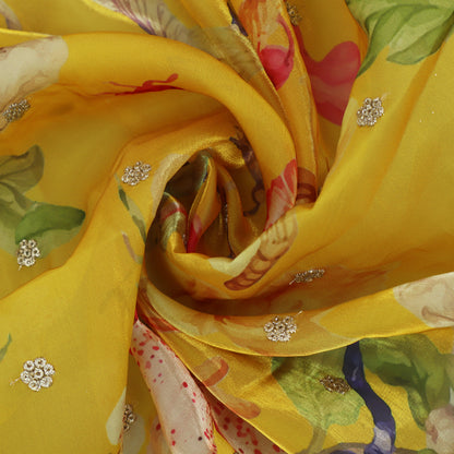 Yellow Color Organza Print Embroidery Fabric