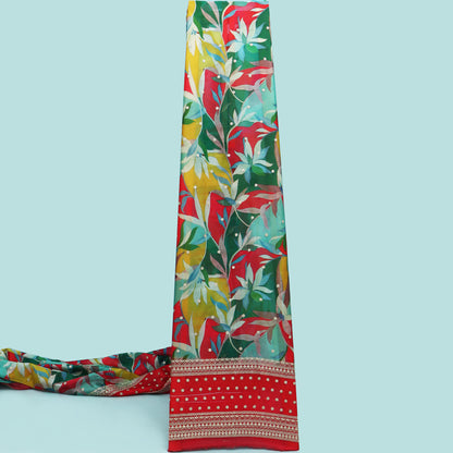 Red Color Organza Print Embroidery Fabric