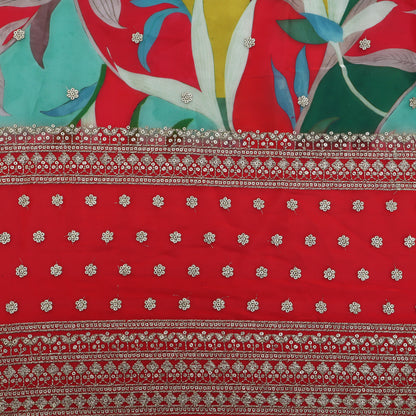 Red Color Organza Print Embroidery Fabric
