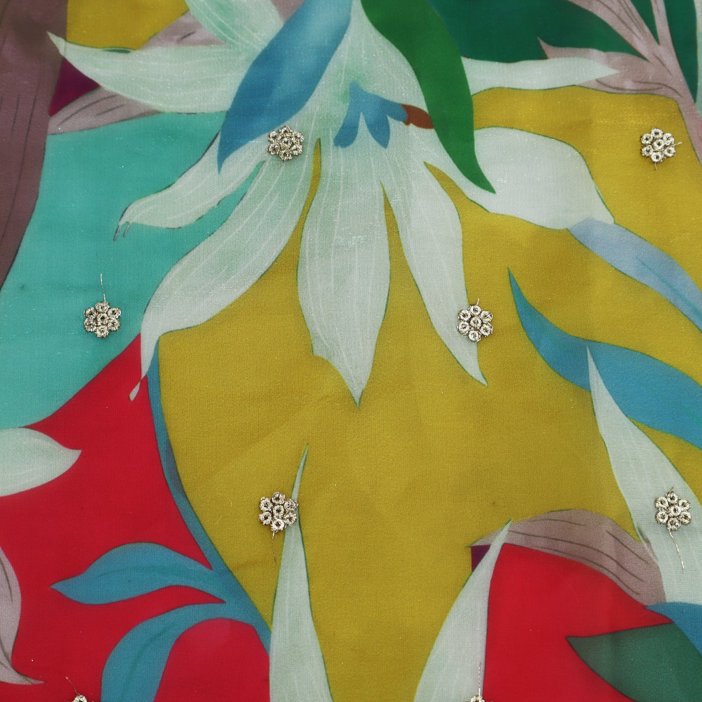 Red Color Organza Print Embroidery Fabric