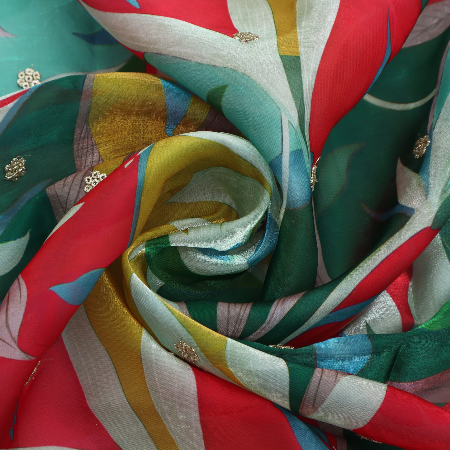 Red Color Organza Print Embroidery Fabric