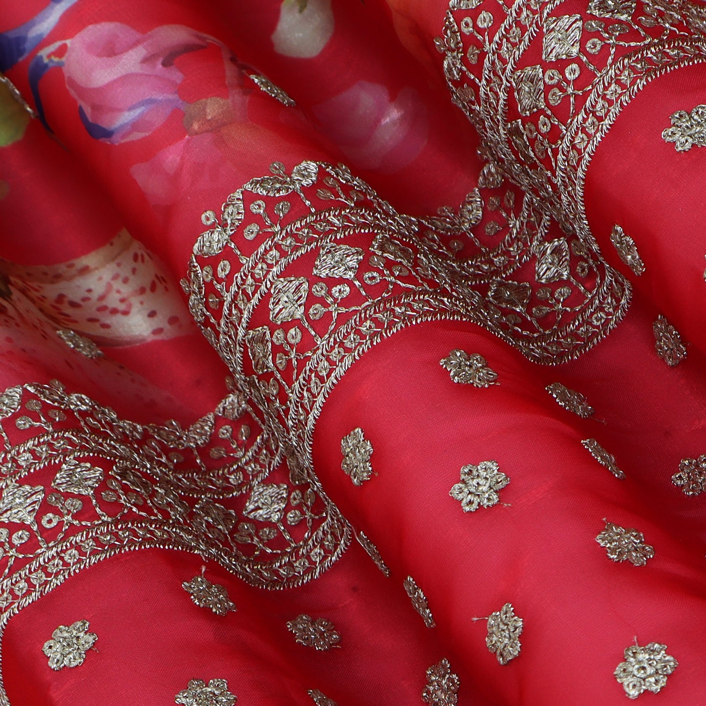 Red Color Organza Print Embroidery Fabric