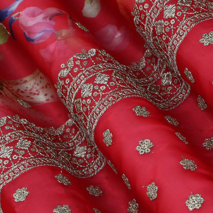Red Color Organza Print Embroidery Fabric