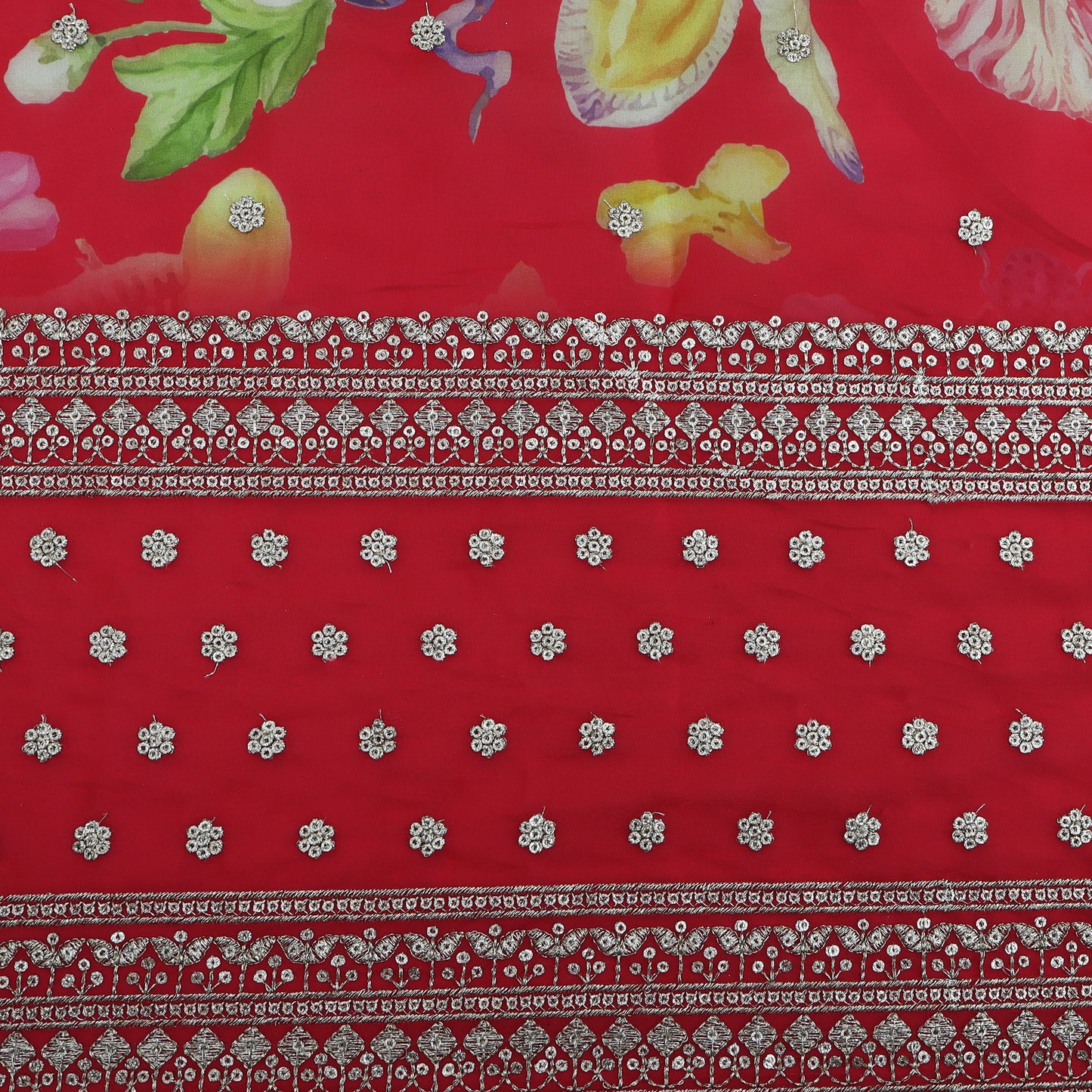 Red Color Organza Print Embroidery Fabric