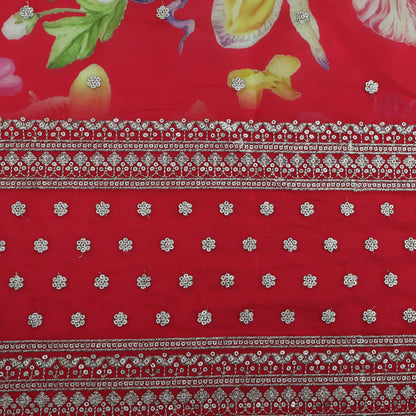 Red Color Organza Print Embroidery Fabric